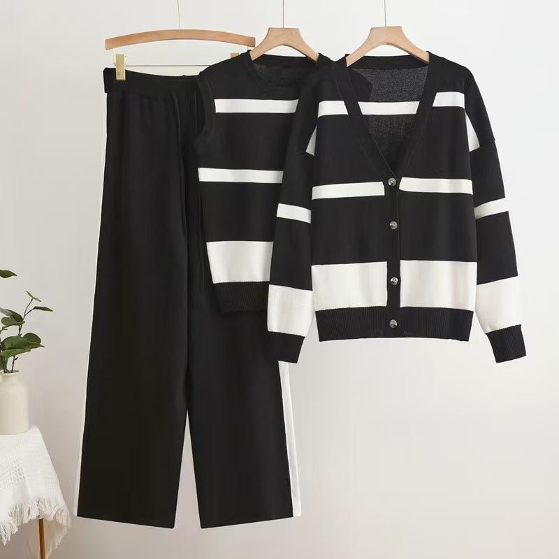 Striped sleeveless vest with button - down knitted cardigan top and wide - leg pants three - piece set - Negative Apparel