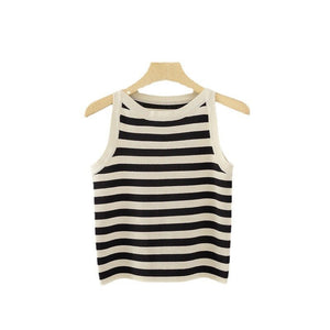 Striped solid color vest inner wear soft waxy knitted versatile sleeveless top - Negative Apparel