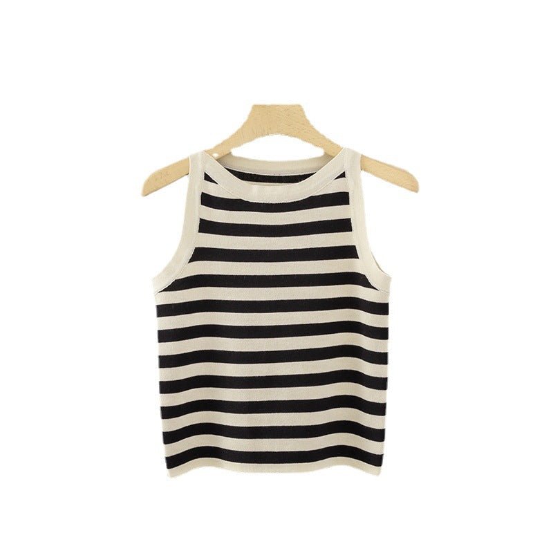 Striped solid color vest inner wear soft waxy knitted versatile sleeveless top - Negative Apparel