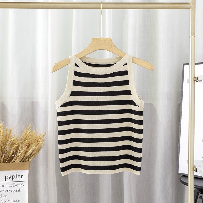 Striped solid color vest inner wear soft waxy knitted versatile sleeveless top - Negative Apparel