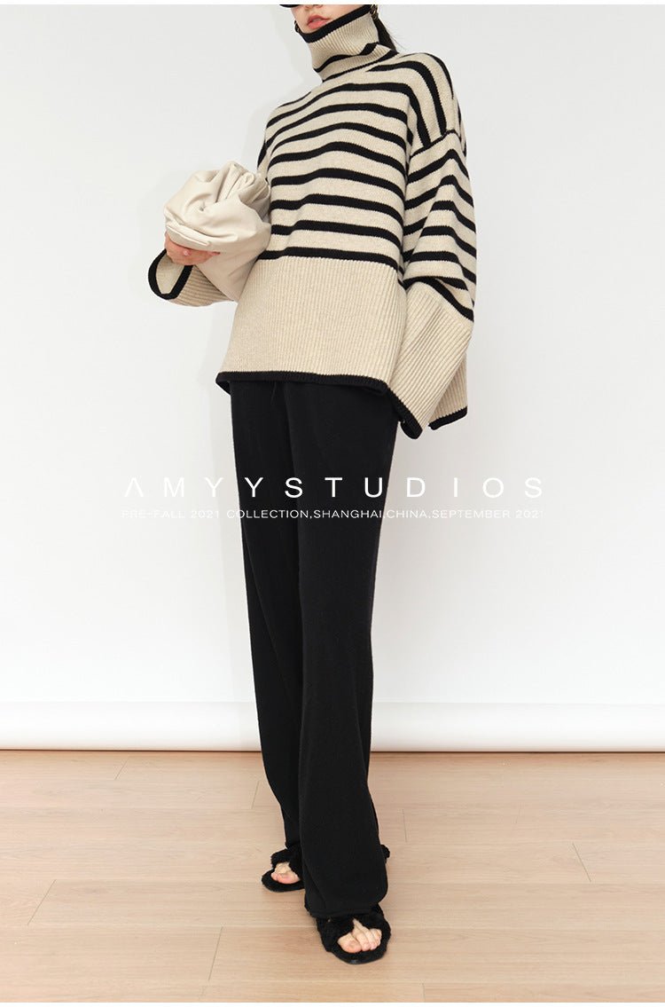 Striped turtleneck sweater women's loose design niche knitted sweater - Negative Apparel