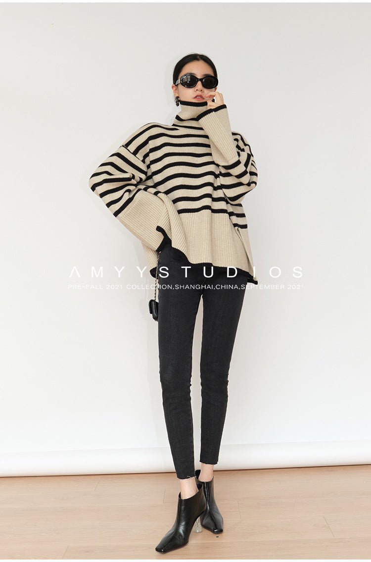 Striped turtleneck sweater women's loose design niche knitted sweater - Negative Apparel