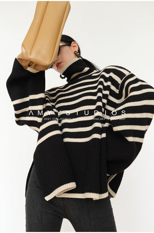 Striped turtleneck sweater women's loose design niche knitted sweater - Negative Apparel