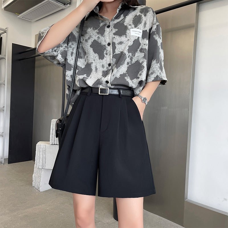 Suit shorts women's outer wear summer new high - waisted thin loose wide - leg pants thin casual women's five - point medium pants - Negative Apparel