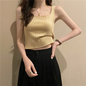 Summer 2025 new Korean version of the petite versatile curled navel - baring short tops outer wear knitted camisole vest for women - Negative Apparel