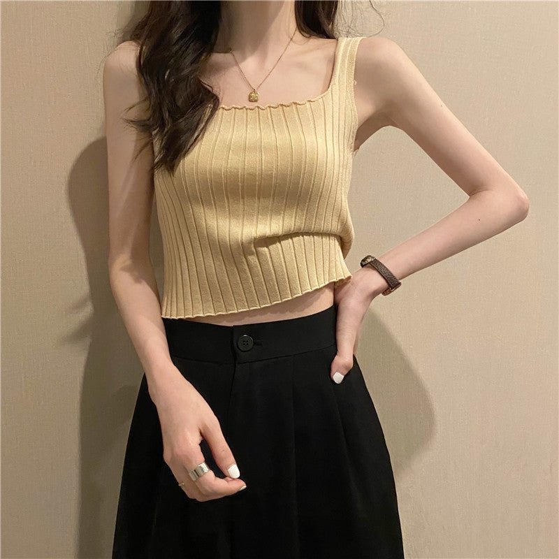 Summer 2025 new Korean version of the petite versatile curled navel - baring short tops outer wear knitted camisole vest for women - Negative Apparel