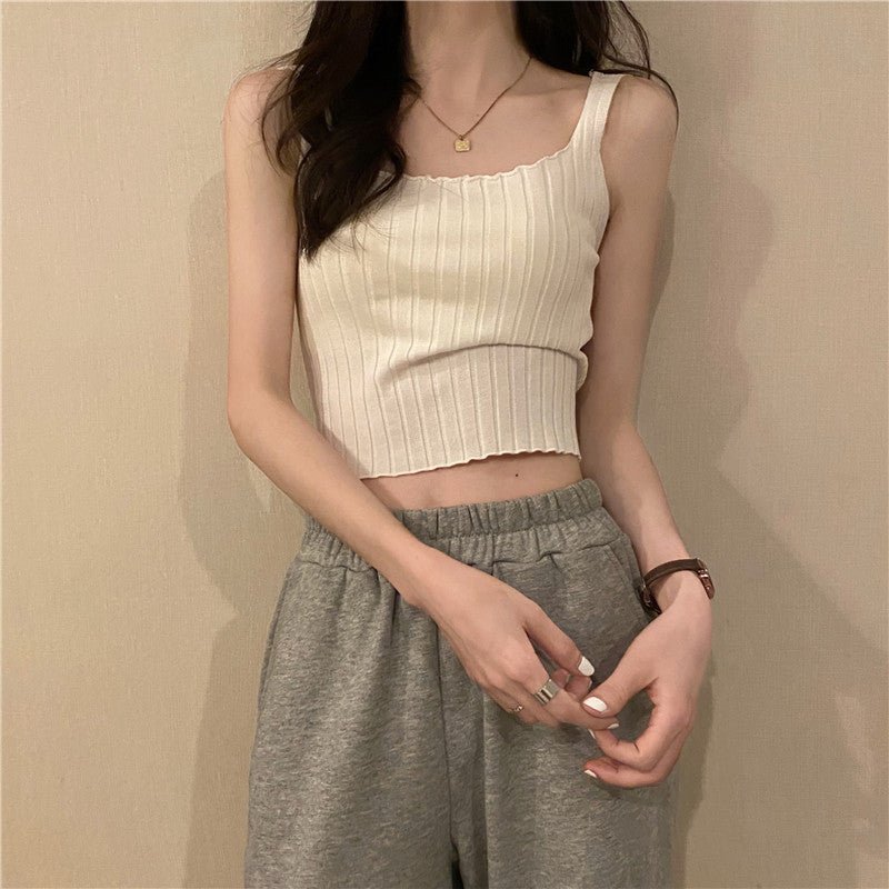 Summer 2025 new Korean version of the petite versatile curled navel - baring short tops outer wear knitted camisole vest for women - Negative Apparel