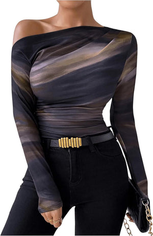 Summer new fashion tie - dye printing asymmetric ruffled long sleeve T-shirt FD - Negative Apparel