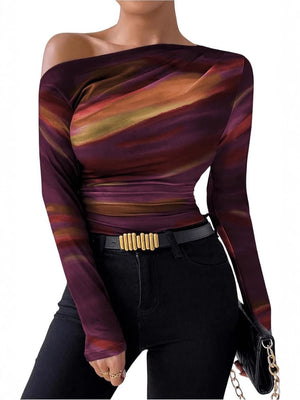 Summer new fashion tie - dye printing asymmetric ruffled long sleeve T-shirt FD - Negative Apparel