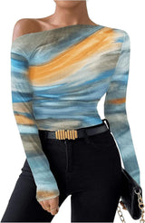 Summer new fashion tie - dye printing asymmetric ruffled long sleeve T-shirt FD - Negative Apparel
