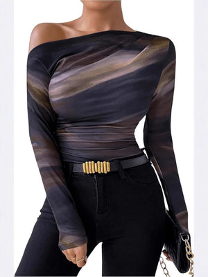 Summer new fashion tie - dye printing asymmetric ruffled long sleeve T-shirt FD - Negative Apparel