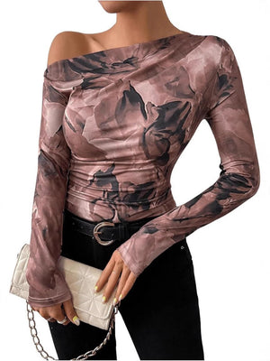 Summer new fashion tie - dye printing asymmetric ruffled long sleeve T-shirt FD - Negative Apparel