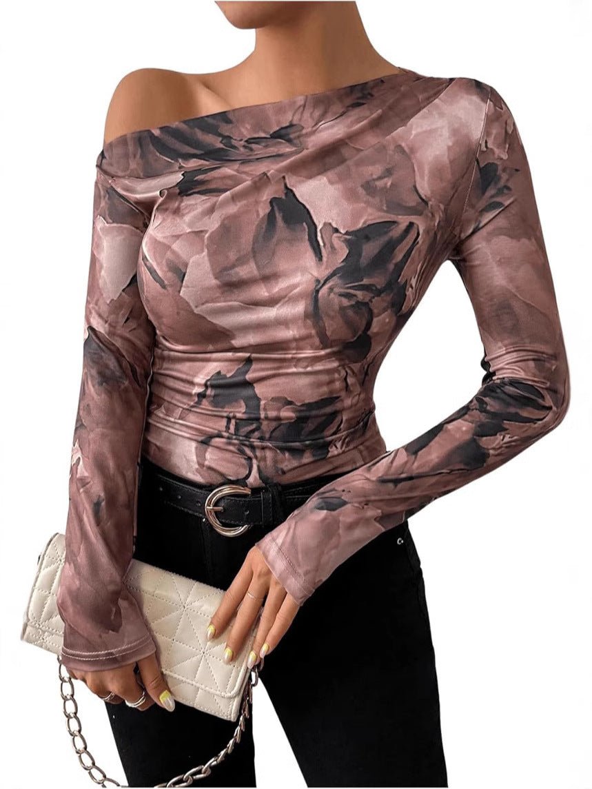 Summer new fashion tie - dye printing asymmetric ruffled long sleeve T-shirt FD - Negative Apparel