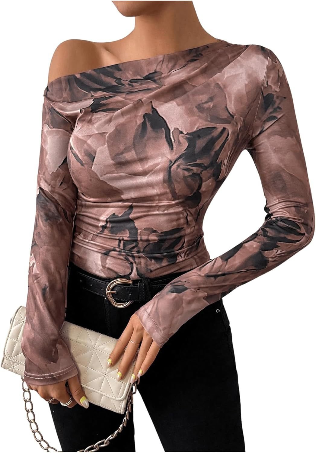 Summer new fashion tie - dye printing asymmetric ruffled long sleeve T-shirt FD - Negative Apparel