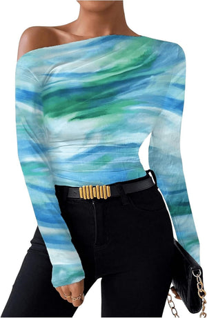 Summer new fashion tie - dye printing asymmetric ruffled long sleeve T-shirt FD - Negative Apparel