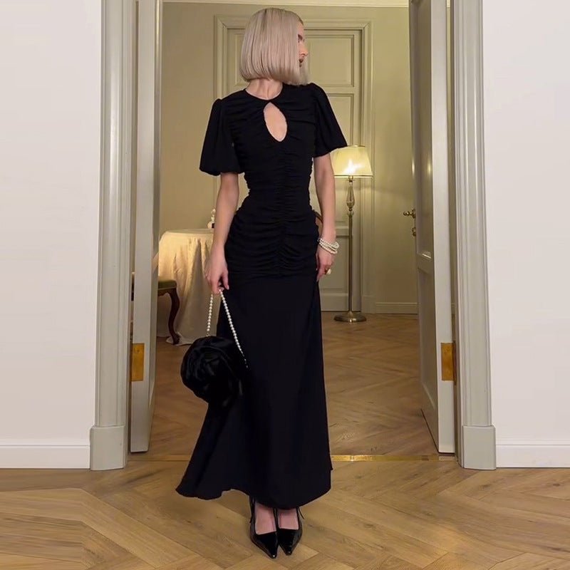 Summer new French temperament round neck short sleeve pleated waist slim long dress - Negative Apparel