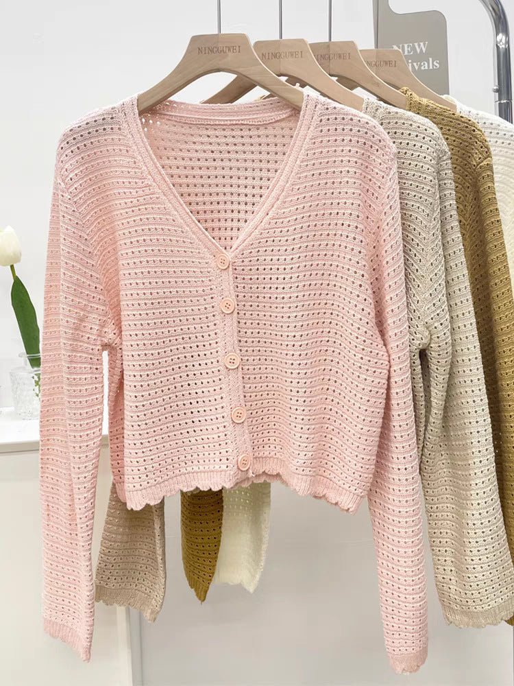 Summer new hollow v - neck knitted cardigan women's thin outer long - sleeved loose temperament short versatile small coat - Negative Apparel