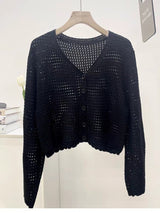 Summer new hollow v - neck knitted cardigan women's thin outer long - sleeved loose temperament short versatile small coat - Negative Apparel