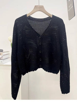 Summer new hollow v - neck knitted cardigan women's thin outer long - sleeved loose temperament short versatile small coat - Negative Apparel