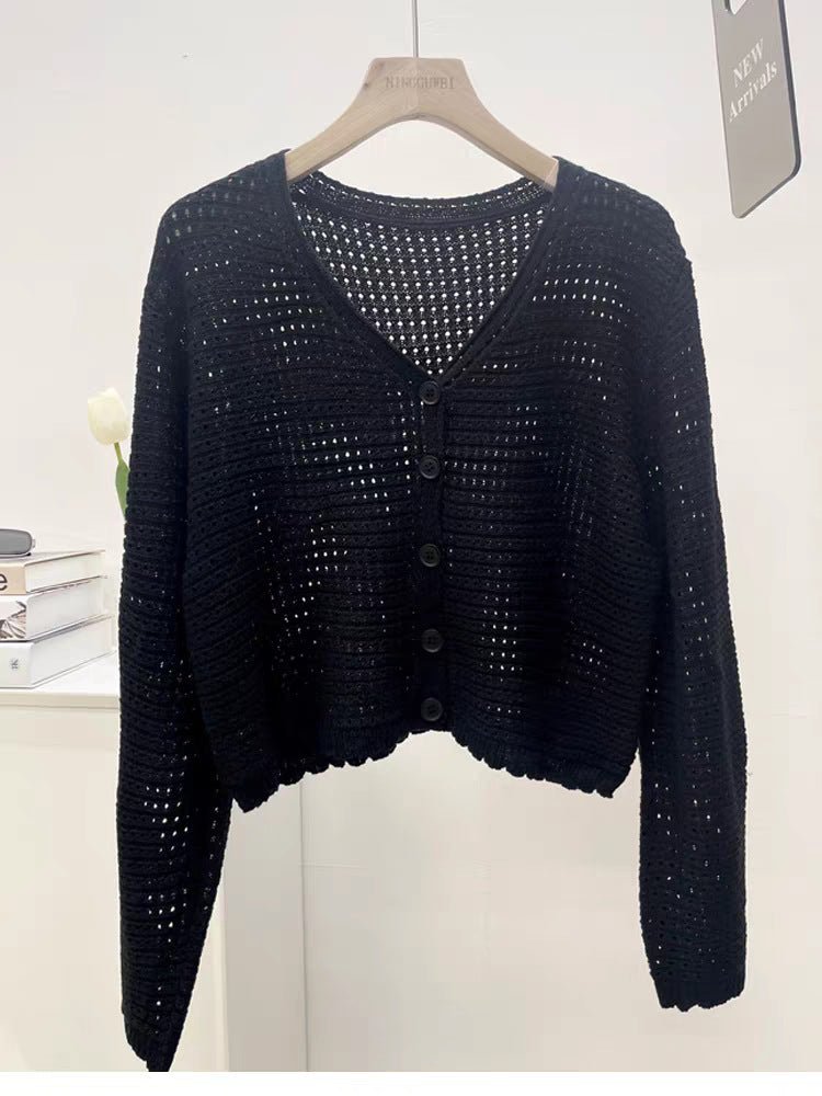 Summer new hollow v - neck knitted cardigan women's thin outer long - sleeved loose temperament short versatile small coat - Negative Apparel