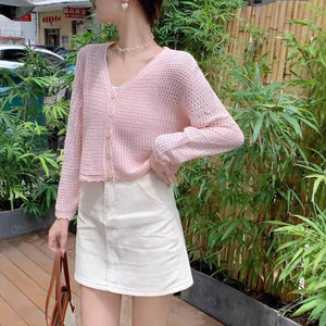 Summer new hollow v - neck knitted cardigan women's thin outer long - sleeved loose temperament short versatile small coat - Negative Apparel