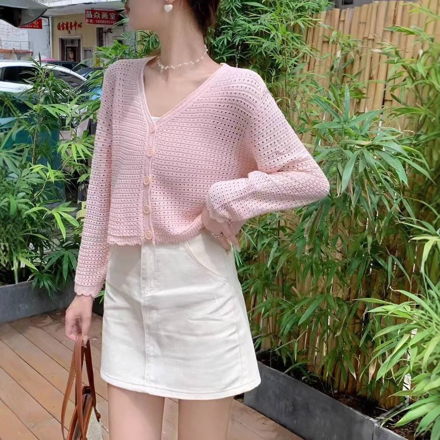 Summer new hollow v - neck knitted cardigan women's thin outer long - sleeved loose temperament short versatile small coat - Negative Apparel