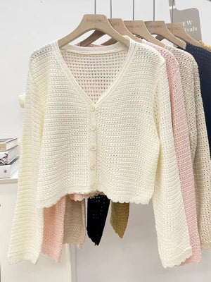 Summer new hollow v - neck knitted cardigan women's thin outer long - sleeved loose temperament short versatile small coat - Negative Apparel
