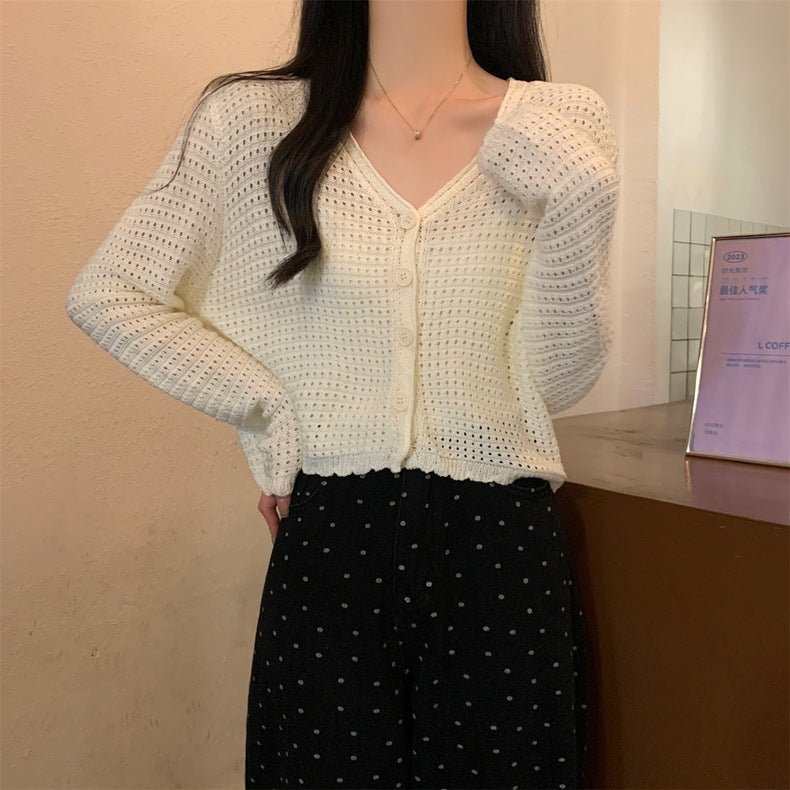 Summer new hollow v - neck knitted cardigan women's thin outer long - sleeved loose temperament short versatile small coat - Negative Apparel