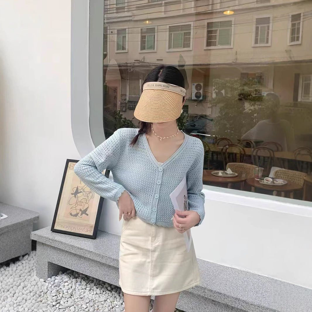 Summer new hollow v - neck knitted cardigan women's thin outer long - sleeved loose temperament short versatile small coat - Negative Apparel