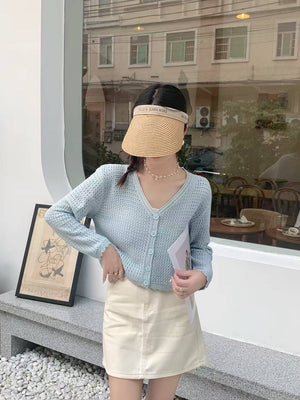 Summer new hollow v - neck knitted cardigan women's thin outer long - sleeved loose temperament short versatile small coat - Negative Apparel