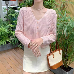 Summer new hollow v - neck knitted cardigan women's thin outer long - sleeved loose temperament short versatile small coat - Negative Apparel