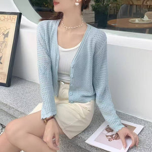 Summer new hollow v - neck knitted cardigan women's thin outer long - sleeved loose temperament short versatile small coat - Negative Apparel