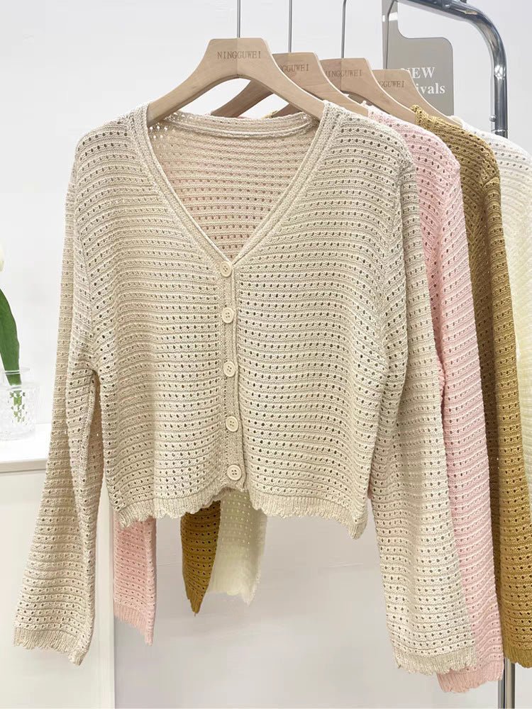 Summer new hollow v - neck knitted cardigan women's thin outer long - sleeved loose temperament short versatile small coat - Negative Apparel