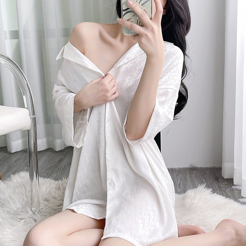 summer new ice and snow silk pajamas women's summer shirt skirt solid color love jacquard loungewear simple and casual - Negative Apparel
