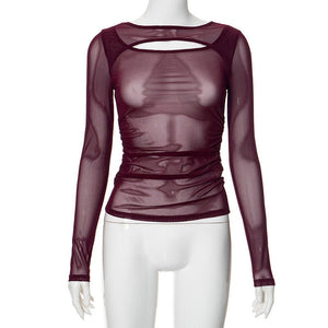 Summer new solid color long - sleeved bottom mesh hollow top - Negative Apparel