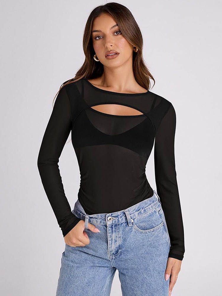 Summer new solid color long - sleeved bottom mesh hollow top - Negative Apparel