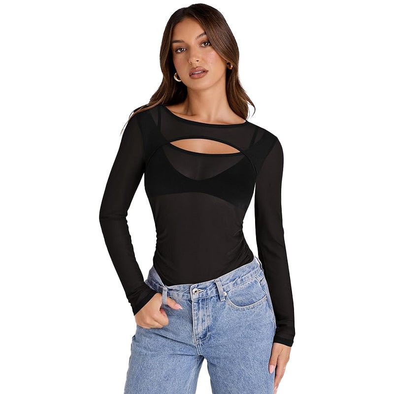 Summer new solid color long - sleeved bottom mesh hollow top - Negative Apparel