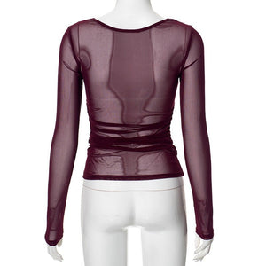 Summer new solid color long - sleeved bottom mesh hollow top - Negative Apparel