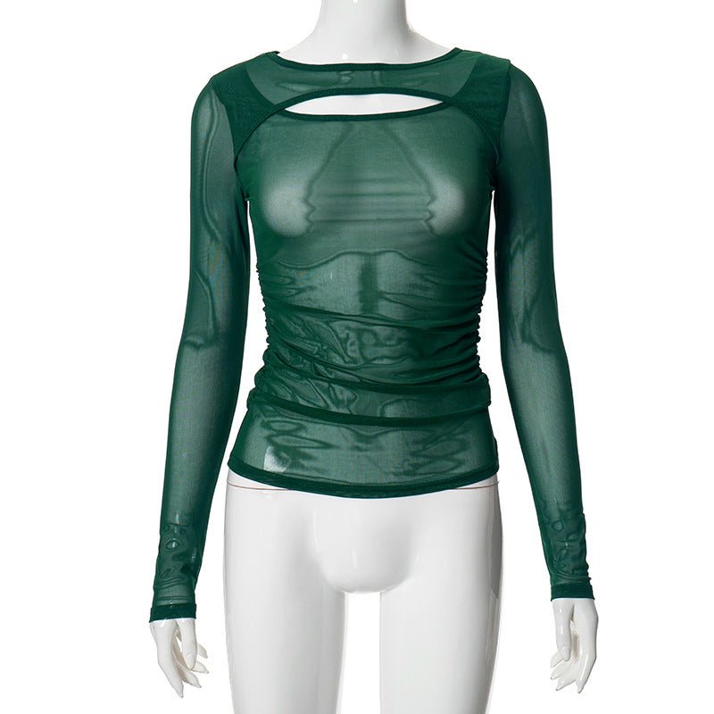 Summer new solid color long - sleeved bottom mesh hollow top - Negative Apparel