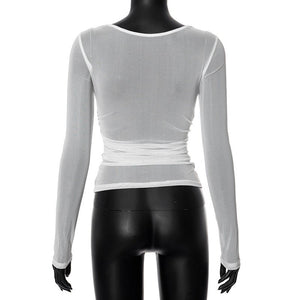 Summer new solid color long - sleeved bottom mesh hollow top - Negative Apparel