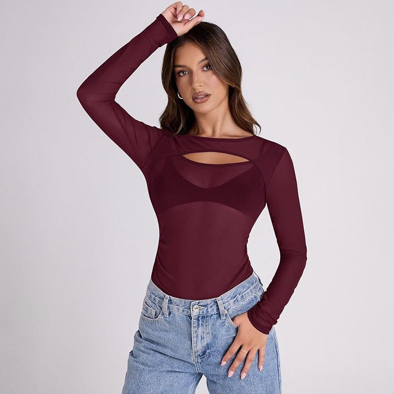 Summer new solid color long - sleeved bottom mesh hollow top - Negative Apparel