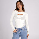 Summer new solid color long - sleeved bottom mesh hollow top - Negative Apparel