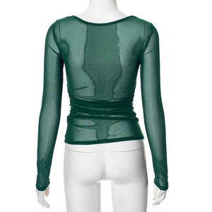 Summer new solid color long - sleeved bottom mesh hollow top - Negative Apparel