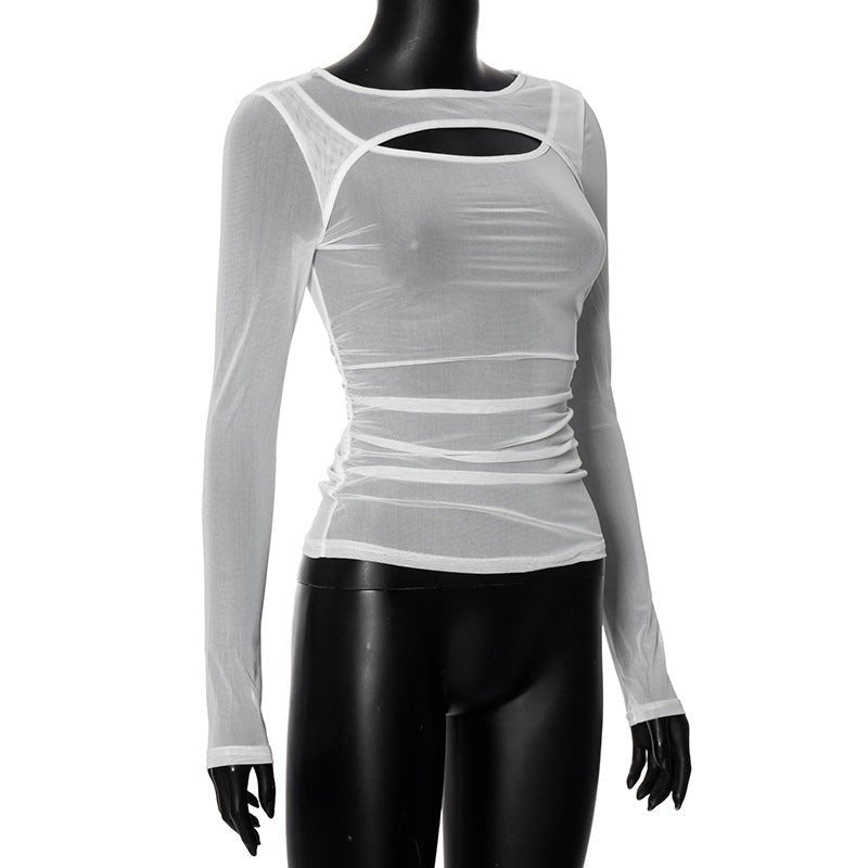 Summer new solid color long - sleeved bottom mesh hollow top - Negative Apparel