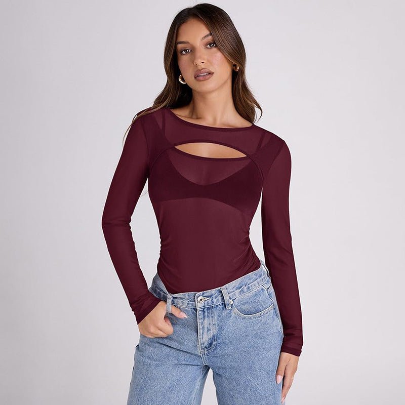 Summer new solid color long - sleeved bottom mesh hollow top - Negative Apparel