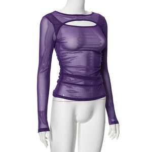 Summer new solid color long - sleeved bottom mesh hollow top - Negative Apparel