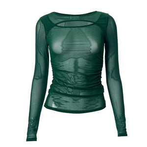 Summer new solid color long - sleeved bottom mesh hollow top - Negative Apparel