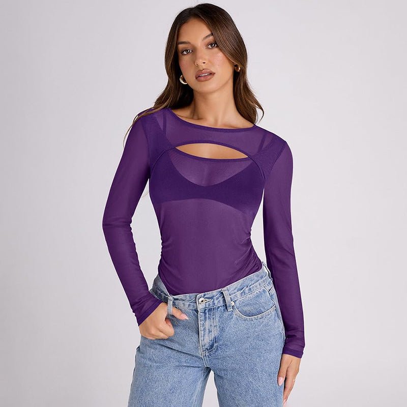 Summer new solid color long - sleeved bottom mesh hollow top - Negative Apparel