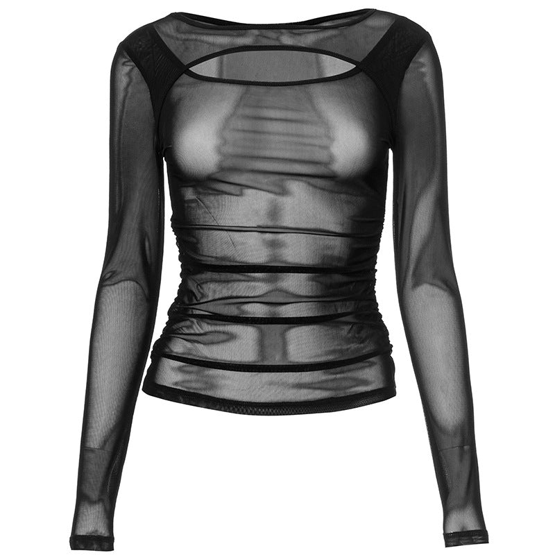 Summer new solid color long - sleeved bottom mesh hollow top - Negative Apparel