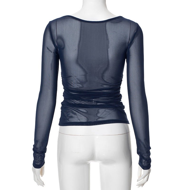 Summer new solid color long - sleeved bottom mesh hollow top - Negative Apparel